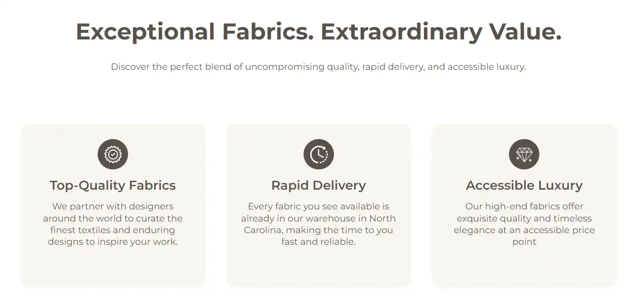 The image shows a website section promoting the value proposition of a fabric company by using icons and short descriptions of their services.
