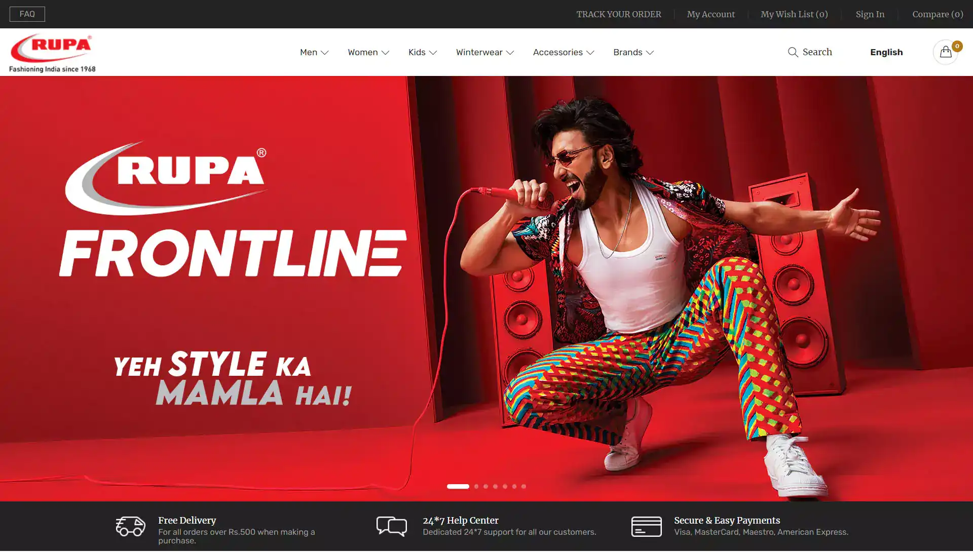 A screenshot of the Rupa app featuring a dynamic male model striking a dancing pose with the tagline ""Yeh Style Ka Mamla Hai!