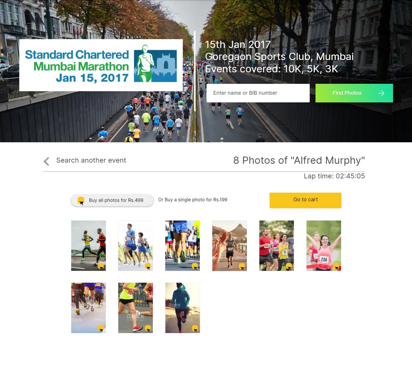 Image of a webpage section showcasing a collection of photos from the Standard Chartered Mumbai Marathon event held on January 15, 2017, with options to search for other events or purchase photos.