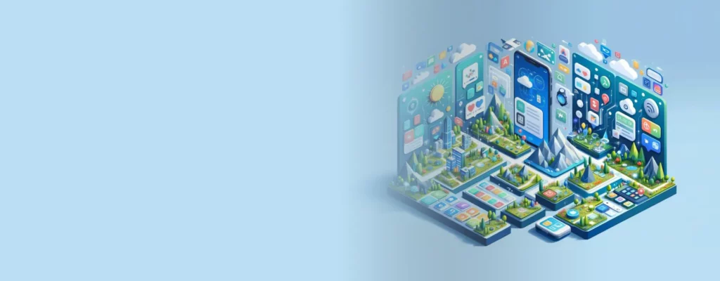 A mobile development depicting a digital landscape where technology and nature intermingle, symbolizing a smart city.