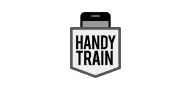 White Logo of HANDY TRAIN in bold letters, enclosed within a shield shape, all set against a transparent background.