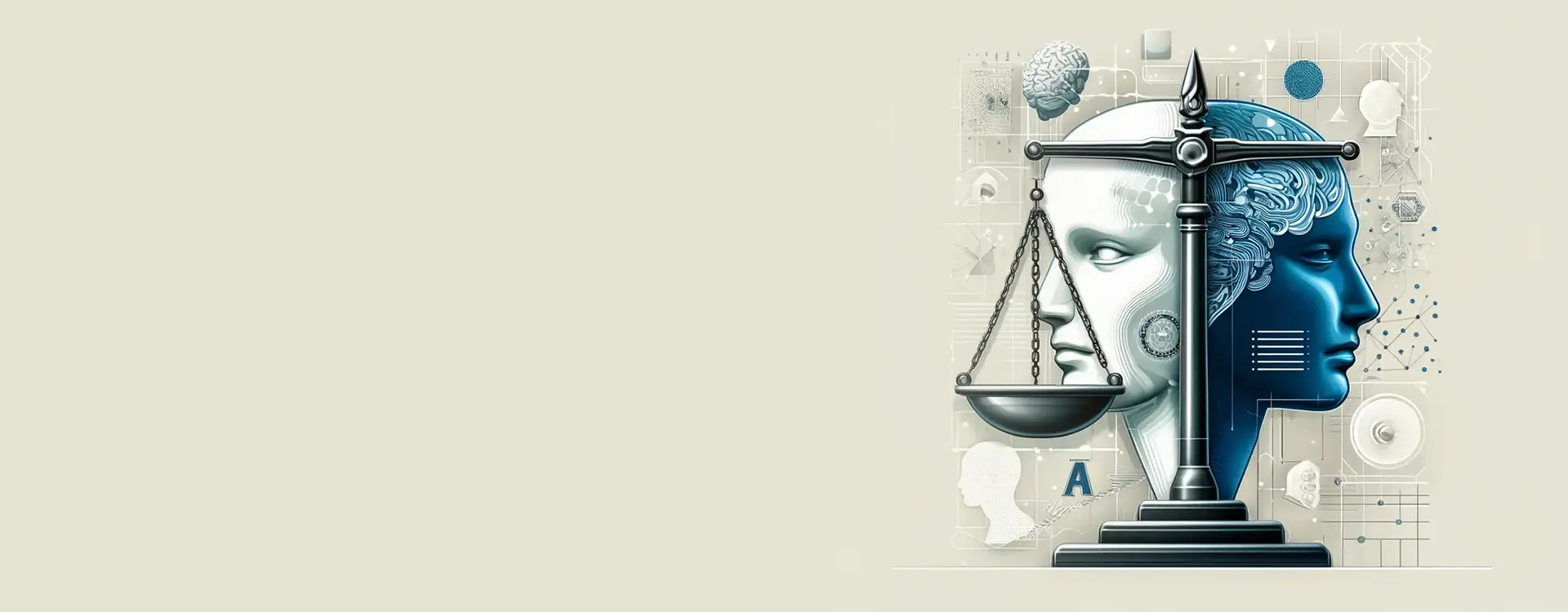A digital illustration features the symbolic scales of justice, with two humanoid faces in profile, one white and one blue, juxtaposed behind it.
