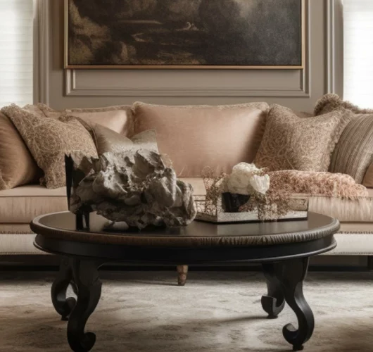 Elegant living room with a beige sofa, textured cushions, and a dark wooden coffee table. Ornate decor and a moody painting create a cozy atmosphere.