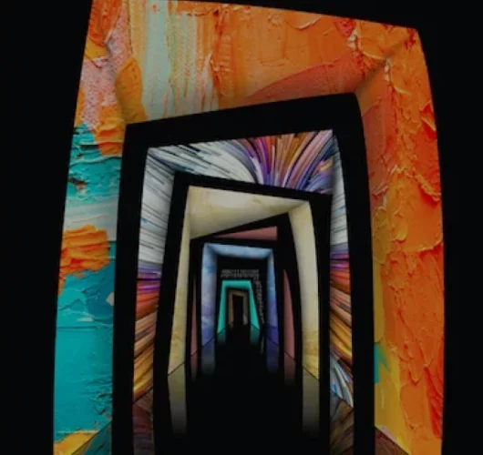 An abstract art piece featuring recursive doorways creating an illusion of infinite depth, set against a vibrant, textured background.
