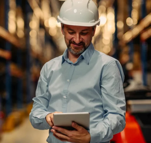 Man in a hard hat and light blue shirt smiles while using a tablet in a warehouse, with blurred shelves and warm lighting in the background.
