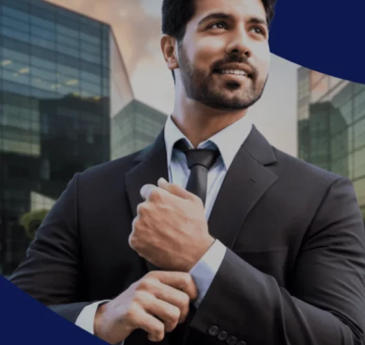 A confident man in a suit adjusts his cufflink outside modern glass buildings, smiling slightly, suggesting professionalism and ambition.