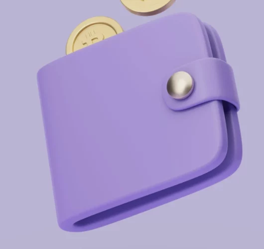 A purple wallet with a button snap closure, angled slightly open. Two gold coins with Bitcoin symbols appear to be falling in, set against a light purple background.