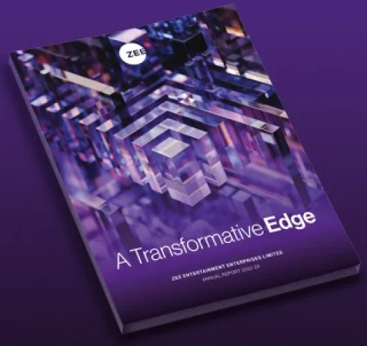A magazine or annual report titled A Transformative Edge with a geometric, abstract purple and silver design on the cover, set against a purple background. The logo ZEE is visible at the top.